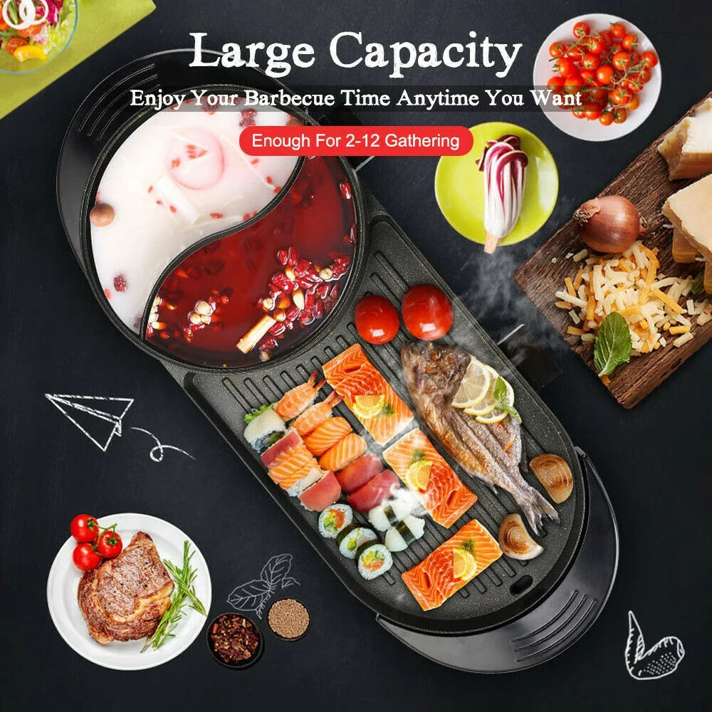 2 in 1 Portable Electric Hot Pot Barbecue Grill Non-Stick Pan N714732