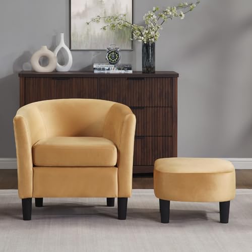 White Velvet Accent Barrel Chair with Ottoman F7660