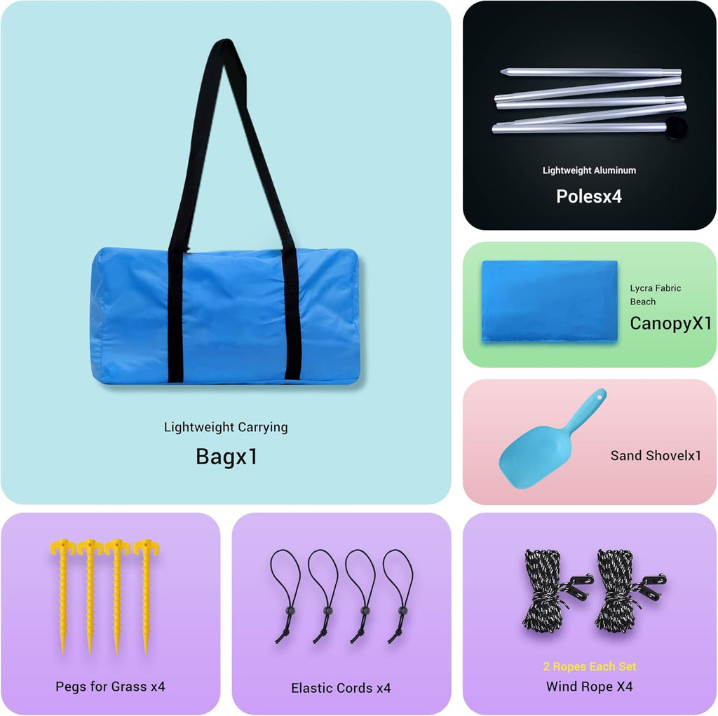 Beach Tent, Pop Up Portable Canopy Set, UPF 50+ Sunshade with Carry Bag, Aluminum Poles, Sands Shovel, and Pegs (10x10 FT Blue) X45504