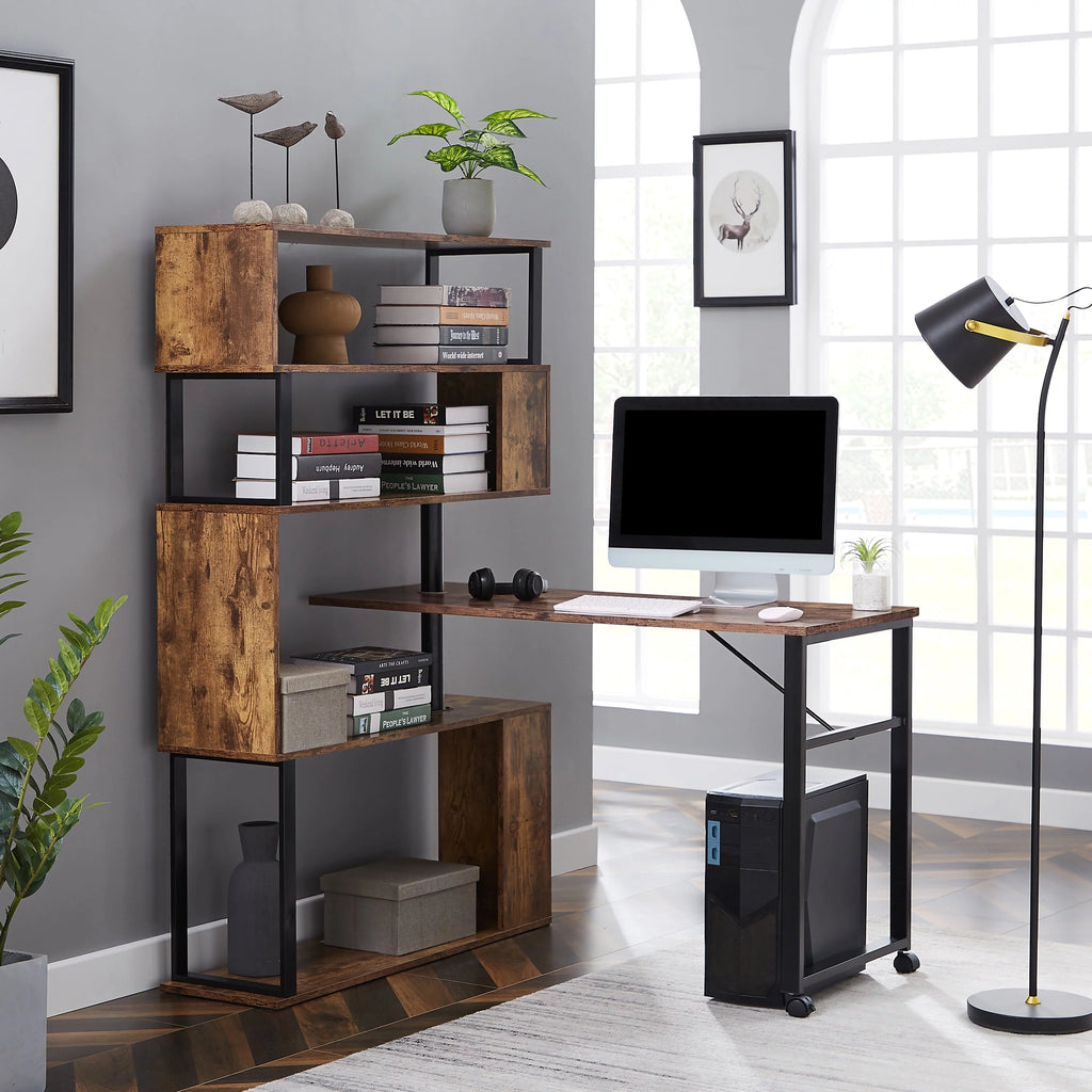 L-Shaped Corner Computer Desk with 5-Tier Bookshelf P603