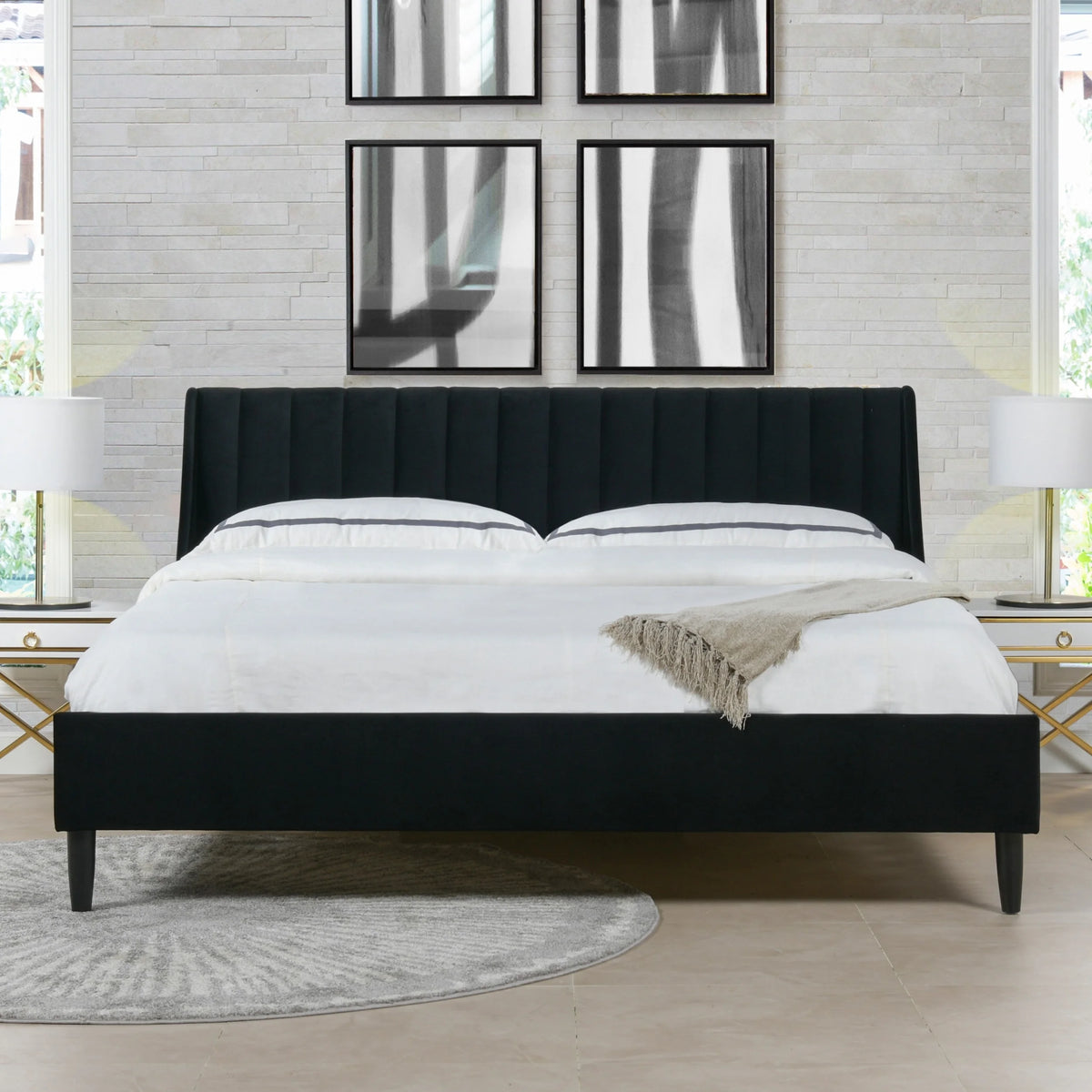 King Anthracite Black Velvet Platform Bed Set H67132