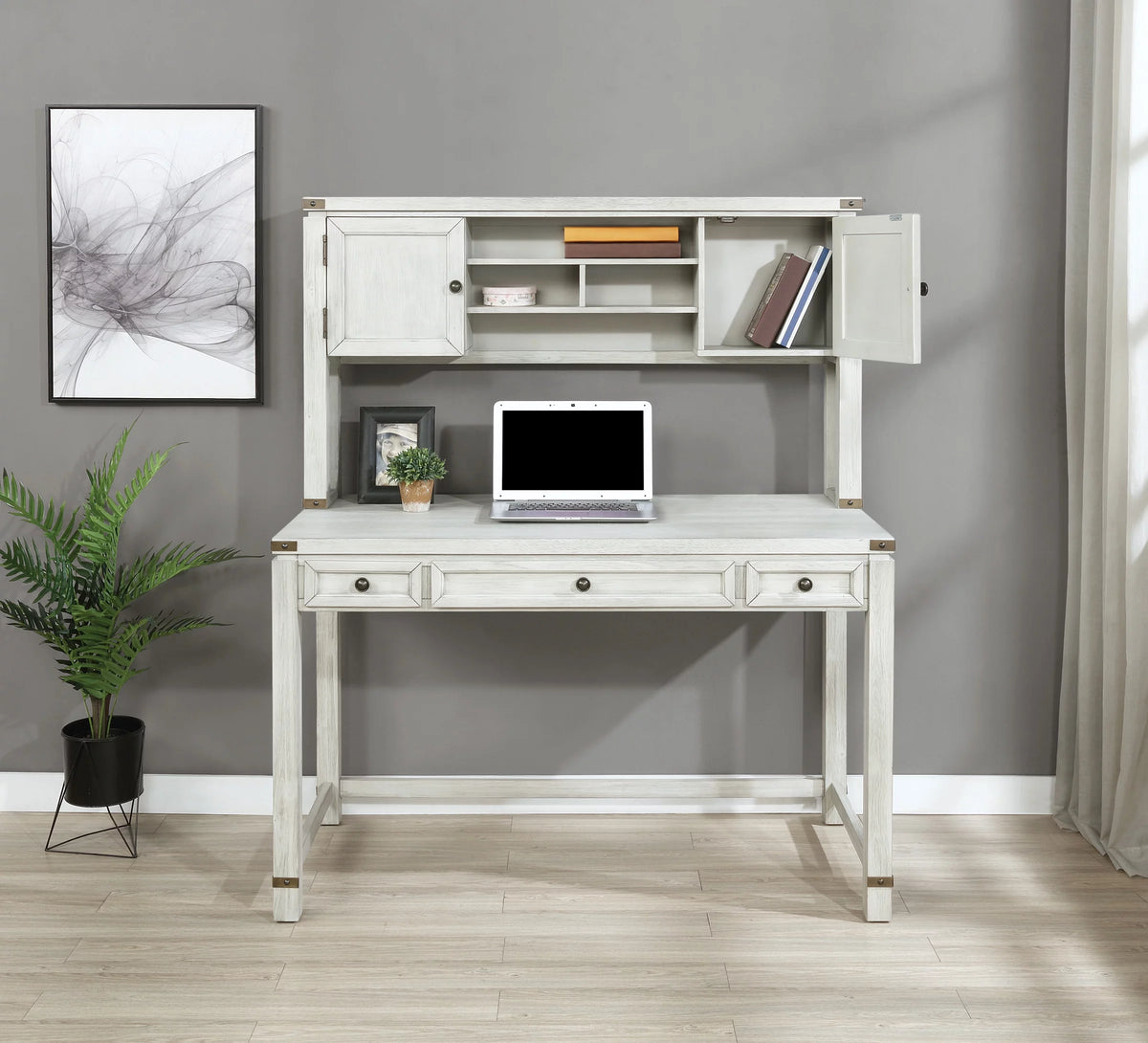 Champagne Oak Engineered Wood Desk with Hutch S94692
