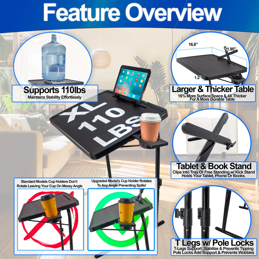 XL Folding TV Tray Table with Rotating Cup Holder, Black T638