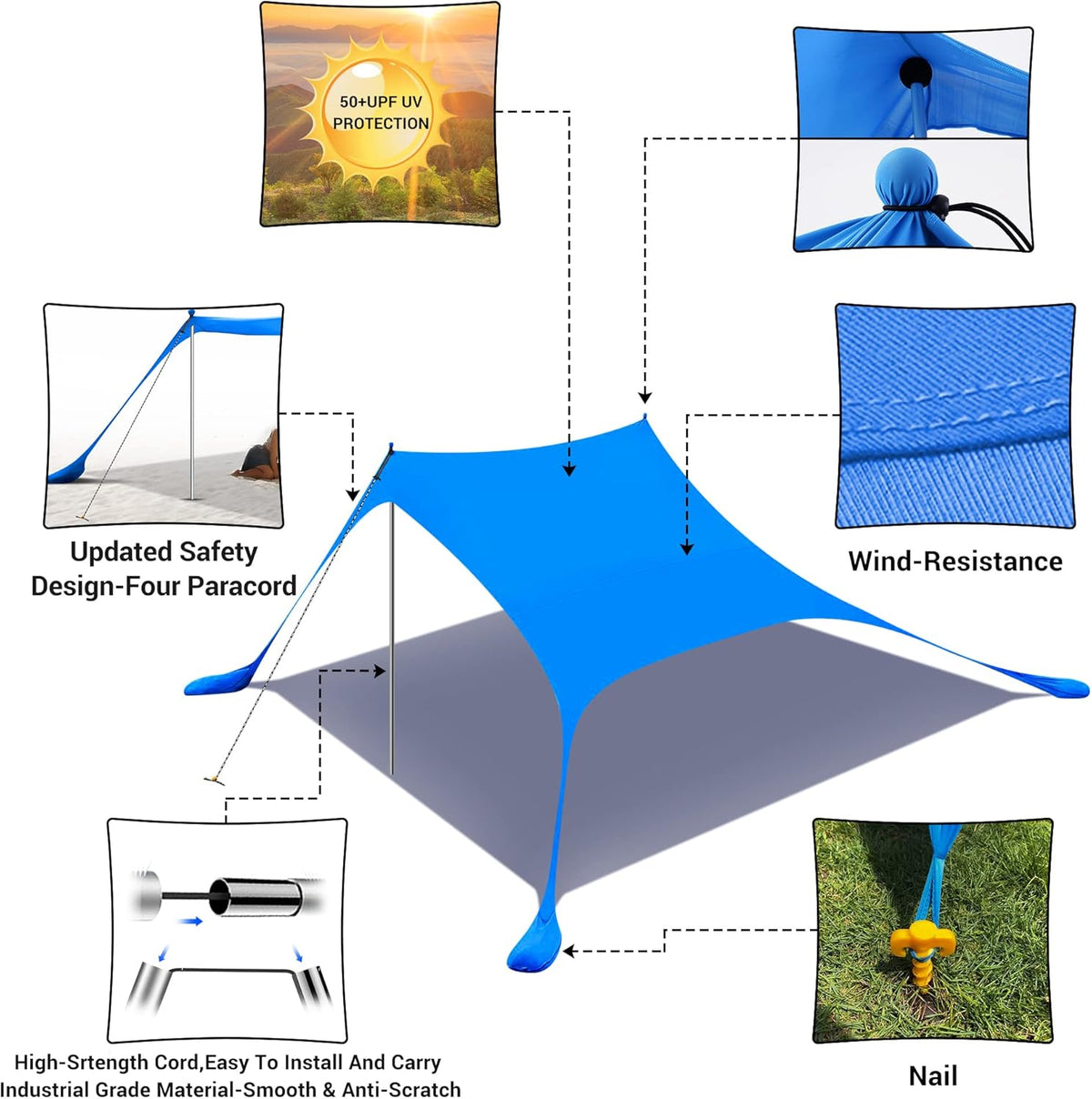 Beach Tent, Pop Up Portable Canopy Set, UPF 50+ Sunshade with Carry Bag, Aluminum Poles, Sands Shovel, and Pegs (10x10 FT Blue) X45504