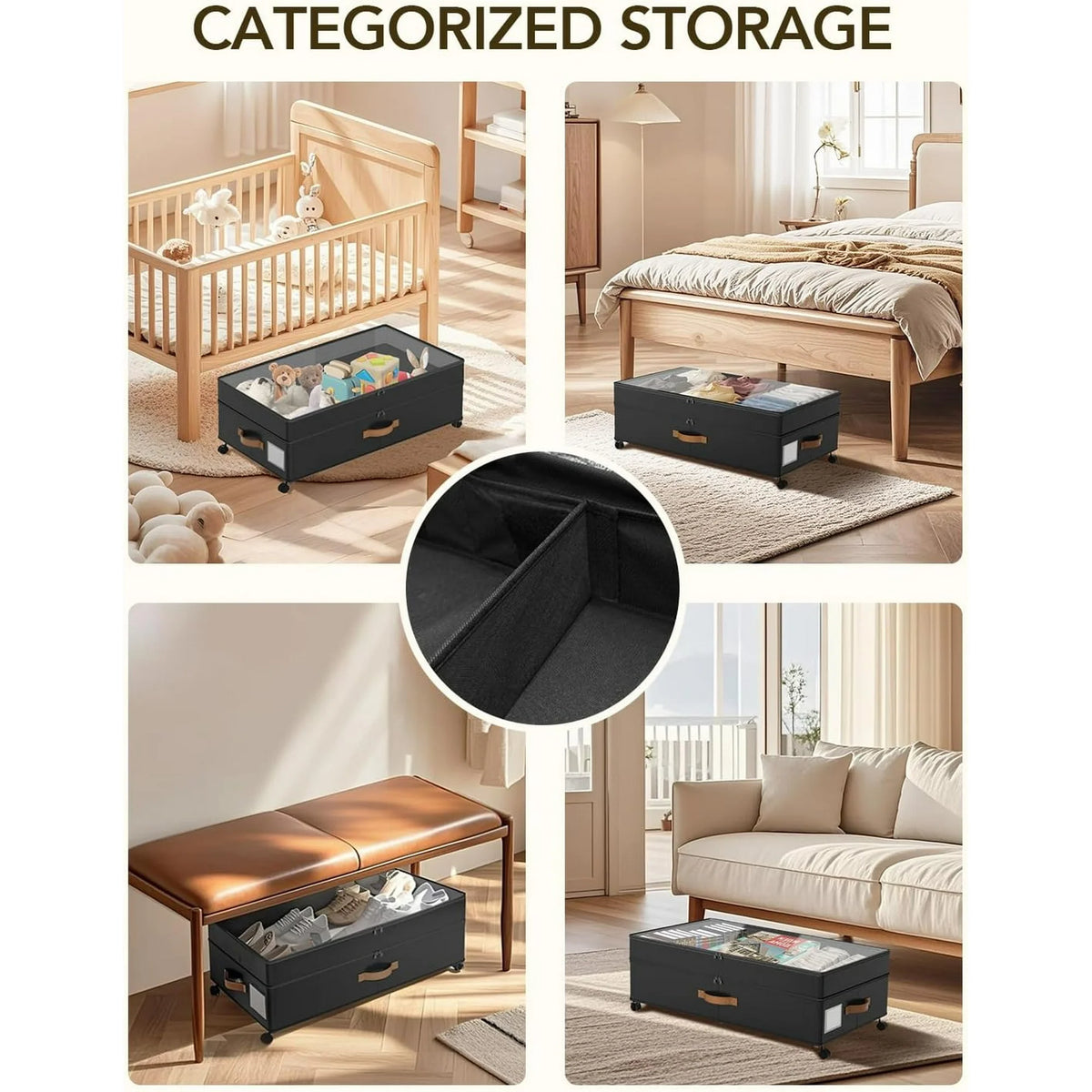 Black 4 Pack Under Bed Storage with Wheels and Lids Z936396