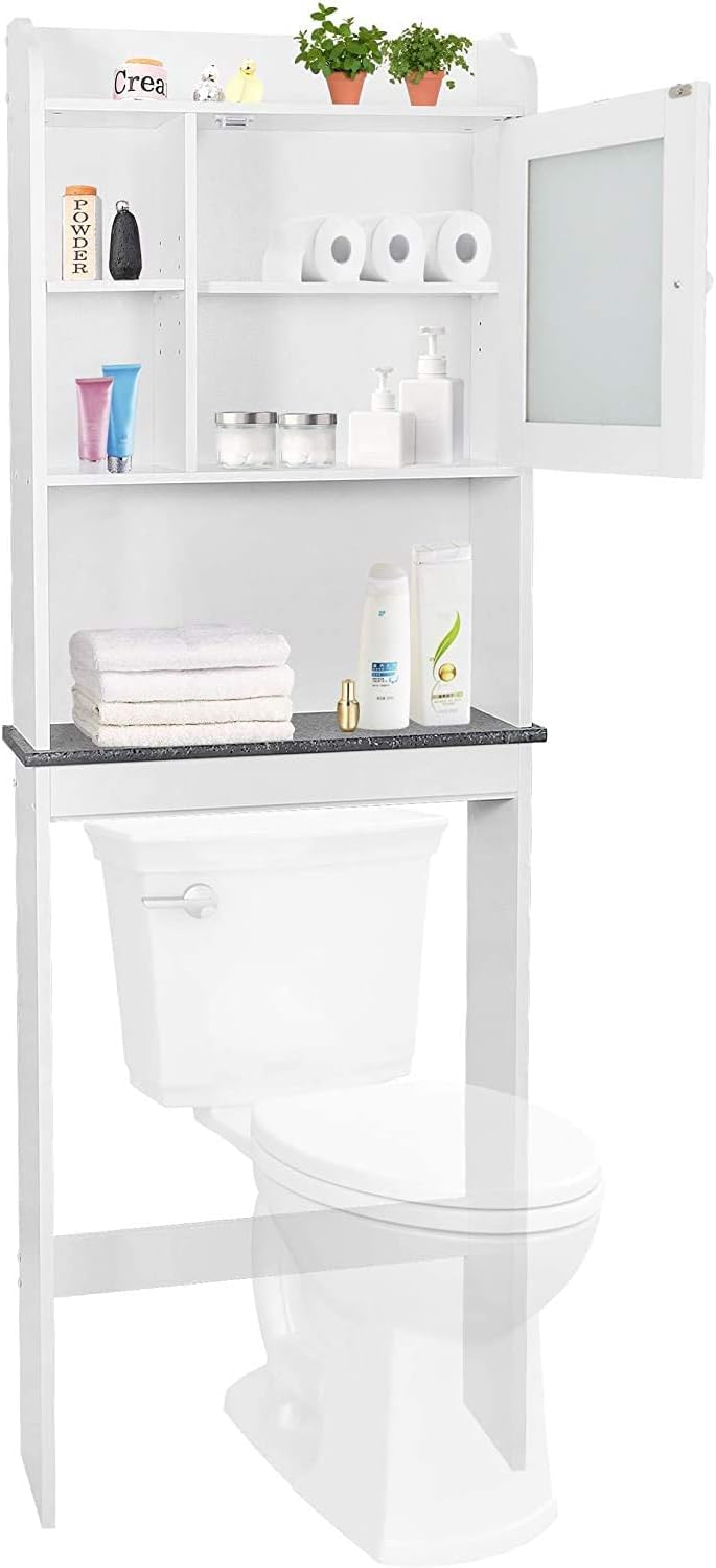 White 4-Tier Over The Toilet Storage Cabinet with Adjustable Shelves and Tempered Glass Door K764086