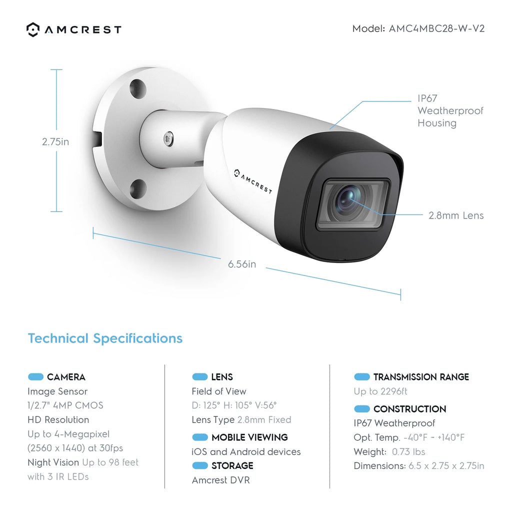 White 4MP Bullet Outdoor Security Camera with 98ft Night Vision R337