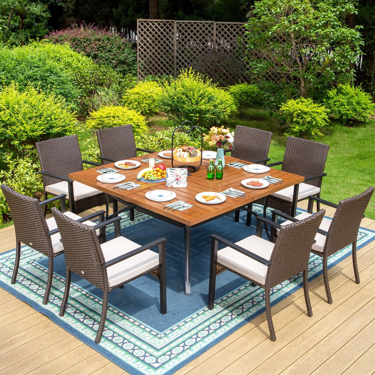 9-Piece Outdoor Dining Set with Wood Grain Table & Wicker Cushioned Chairs O51395