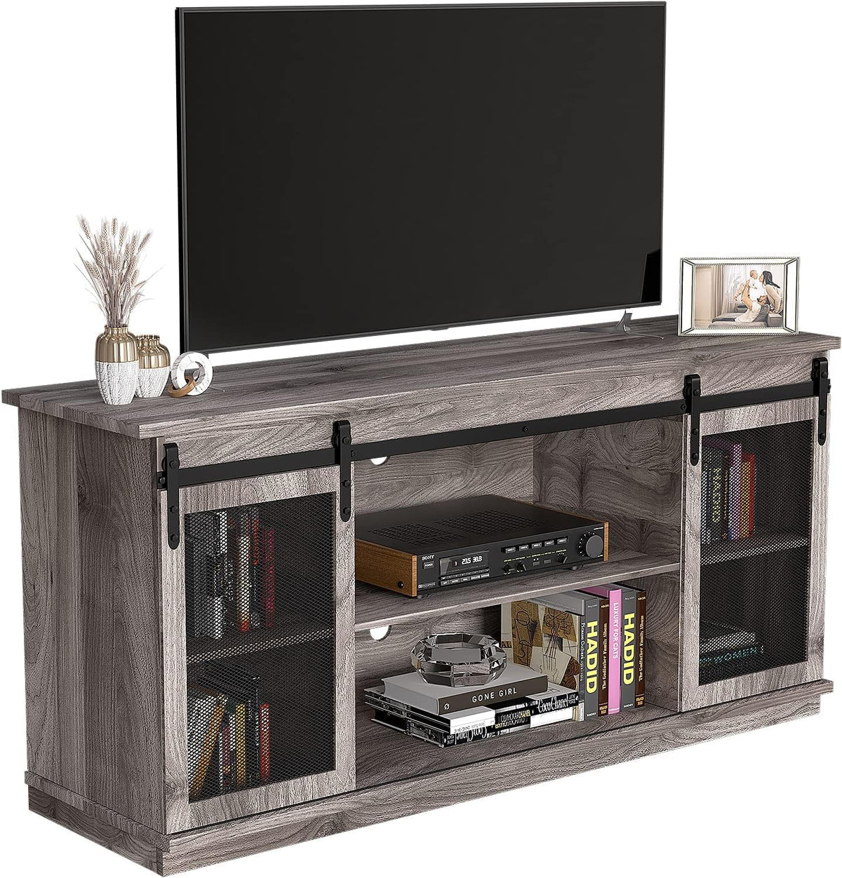 Farmhouse TV Stand with Sliding Barn Doors and Storage Cabinets (Brown) X53015