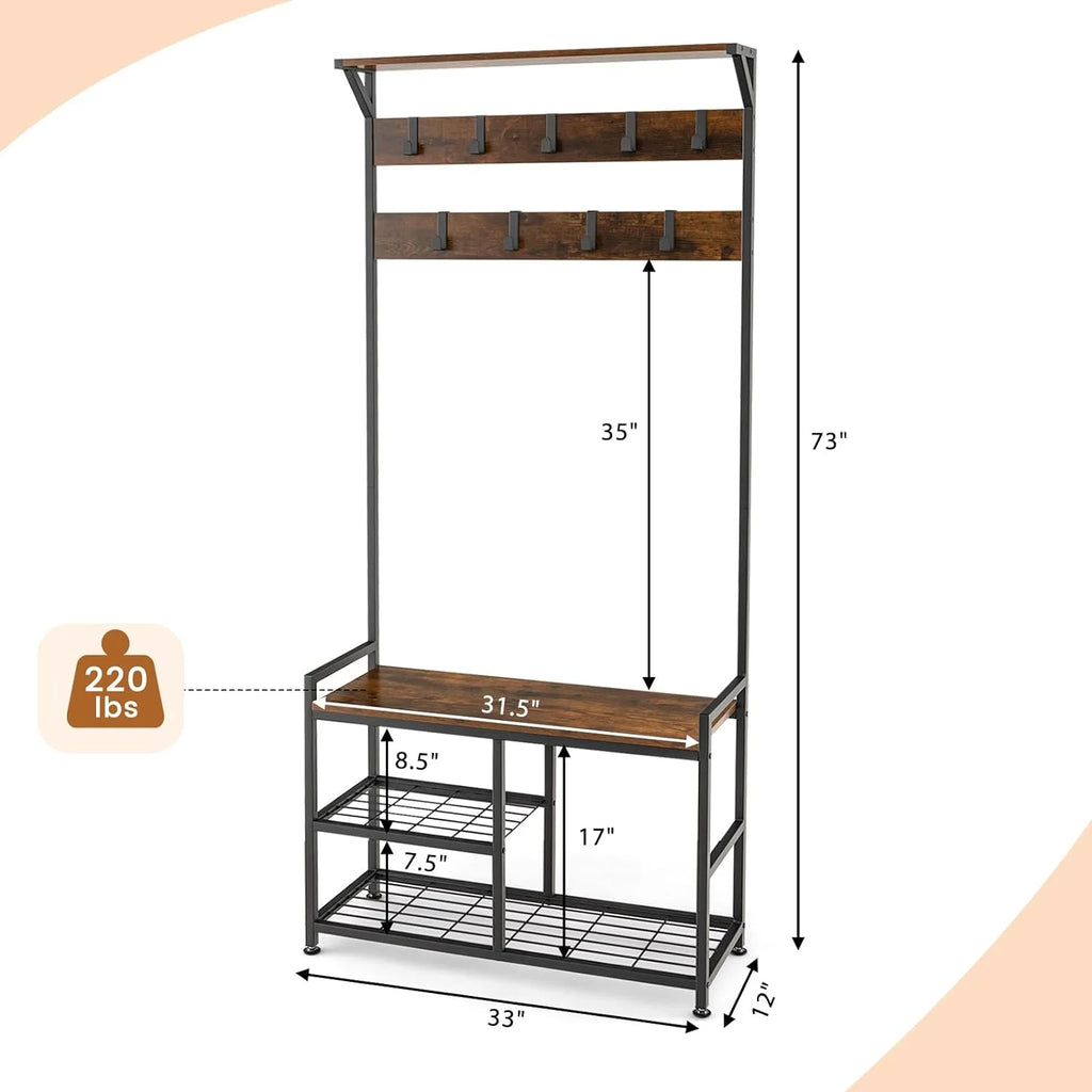 Coat Rack Shoe Bench 3-Tier with 9 Hanging Hooks X23396