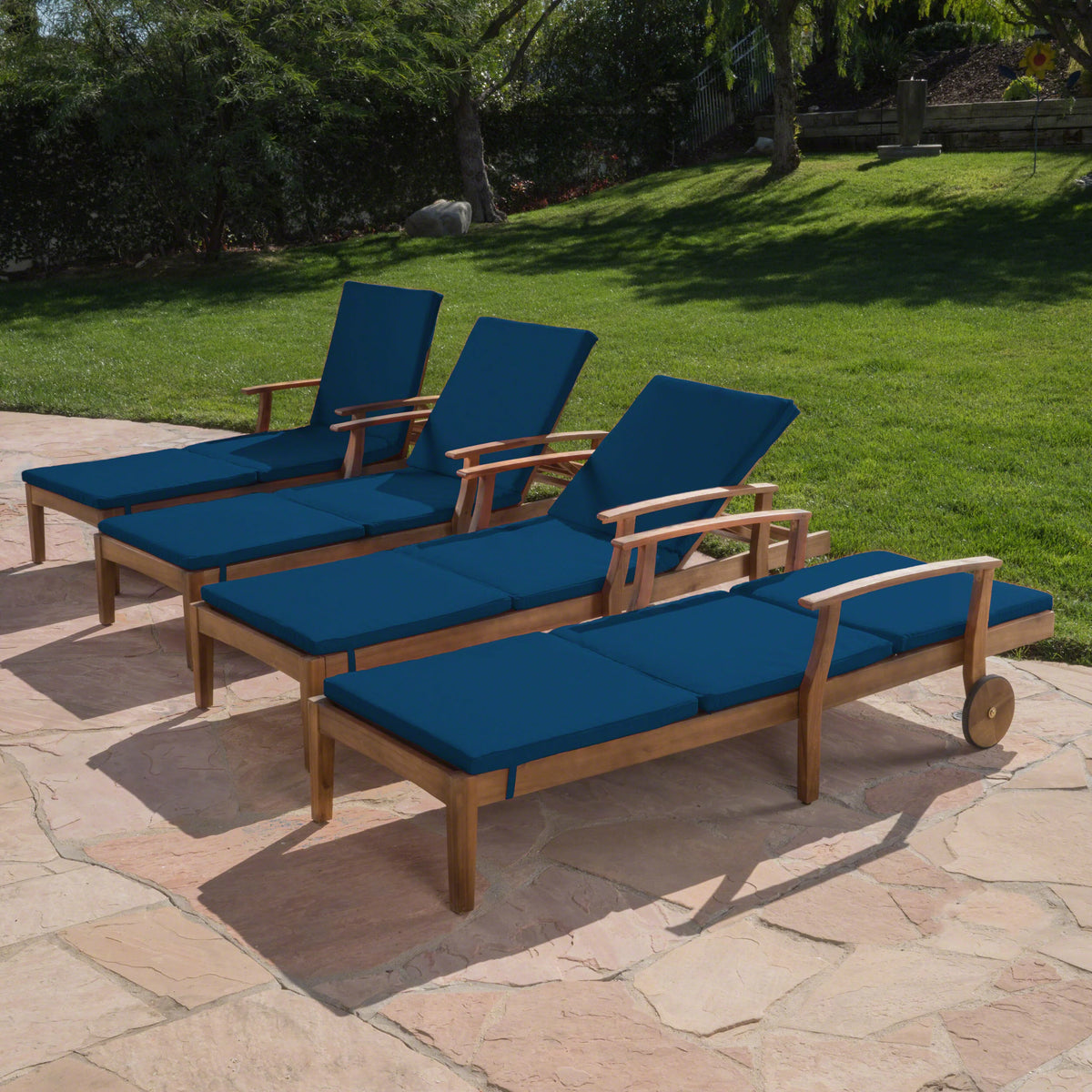 Acacia Wood Adjustable Chaise Lounge with Cushion, Set of 4 V103