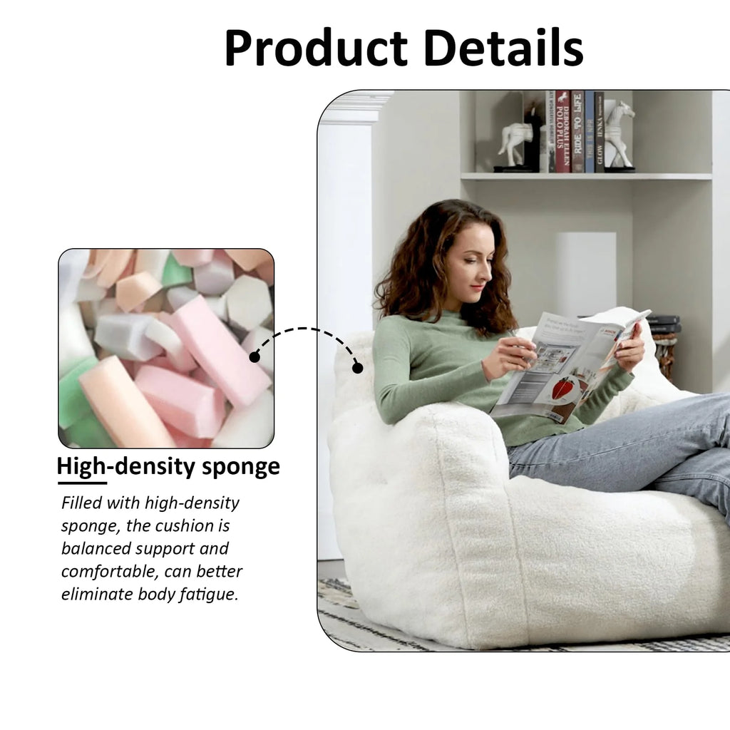 White Tufted Teddy Fabric Bean Bag Sofa with Armrest N38055