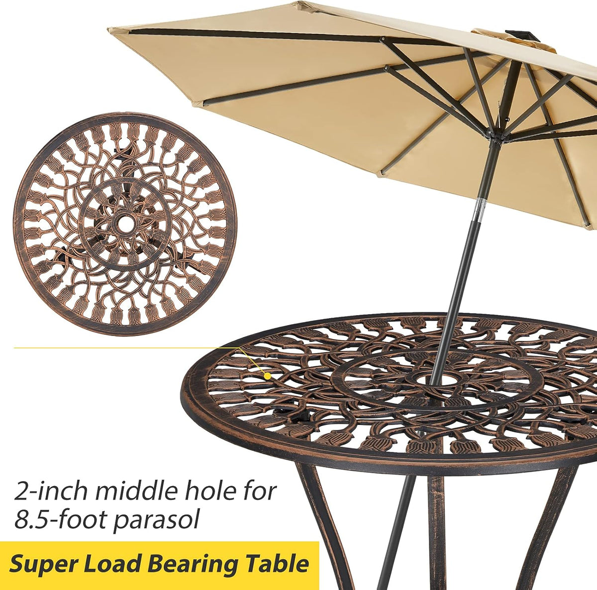 3 Piece Cast Aluminum Bistro Table Set with Umbrella Hole S268