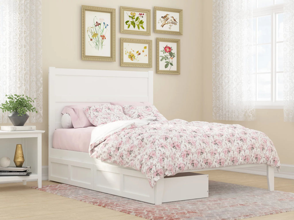 White Full Wood Platform Bed Frame with 2 Storage Drawers G5757