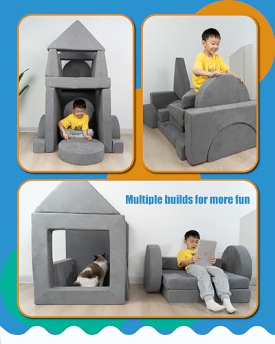 15PCS Modular Toddler Play Couch with Removable Cover Gray Foam Sofa J38088