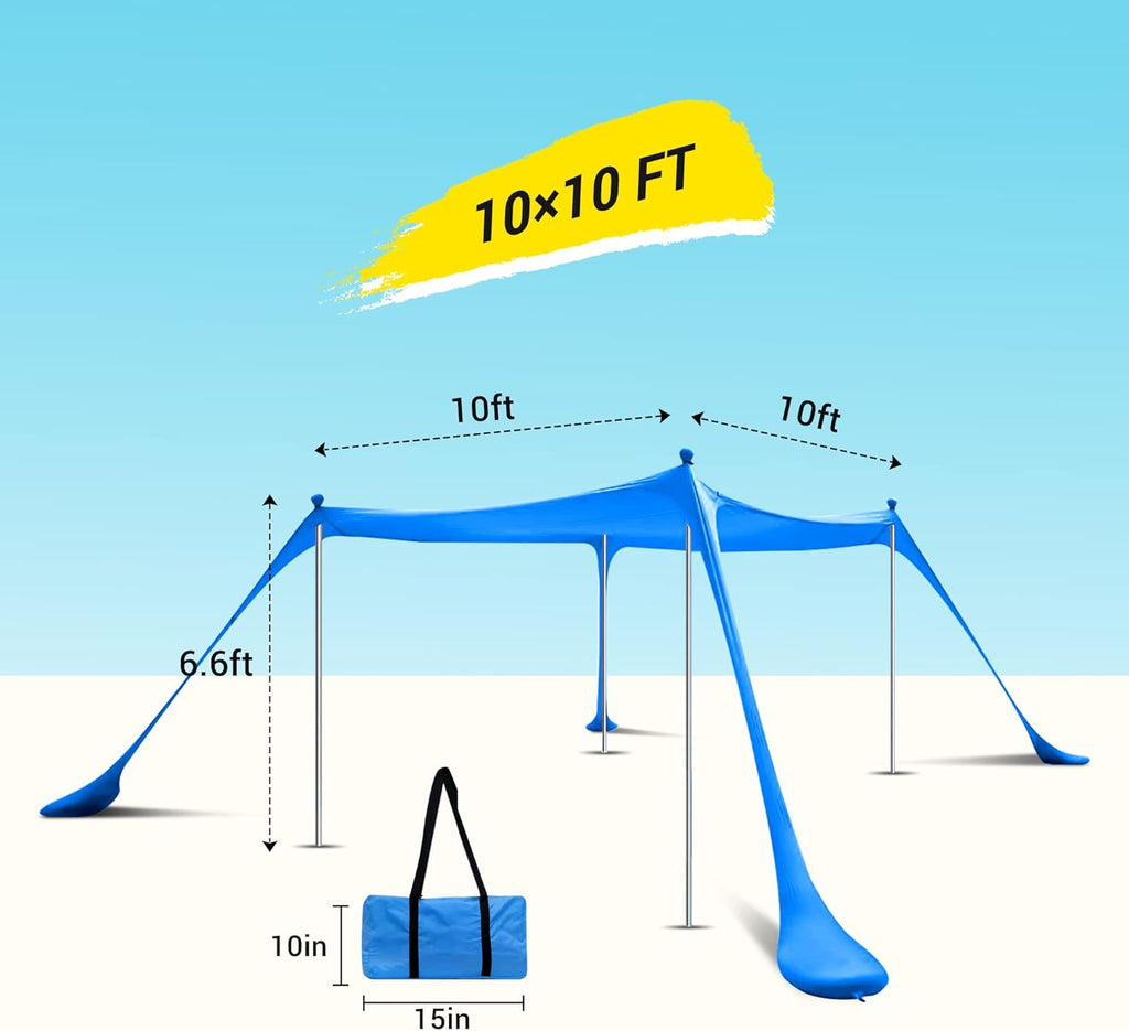 Beach Tent, Pop Up Portable Canopy Set, UPF 50+ Sunshade with Carry Bag, Aluminum Poles, Sands Shovel, and Pegs (10x10 FT Blue) X45504