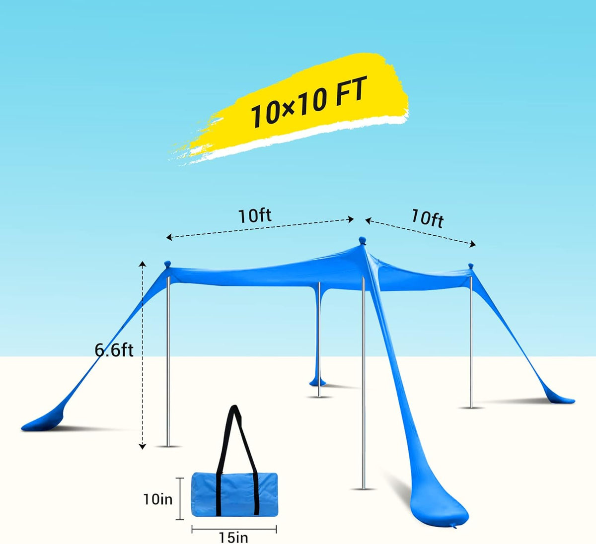 Beach Tent, Pop Up Portable Canopy Set, UPF 50+ Sunshade with Carry Bag, Aluminum Poles, Sands Shovel, and Pegs (10x10 FT Blue) X45504