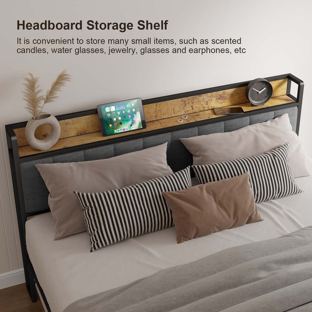 Queen Size Dark Grey Bed Frame with Storage Headboard E151