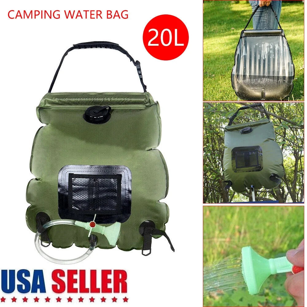 5 Gallon Solar Heated Camping Shower Bag with Removable Hose, Green PVC R34618