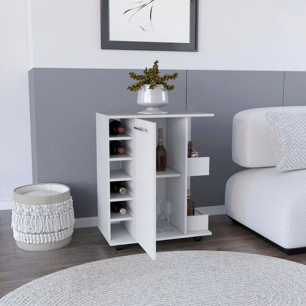 White Engineered Wood Bar Cart with 2 Side Shelves J3492
