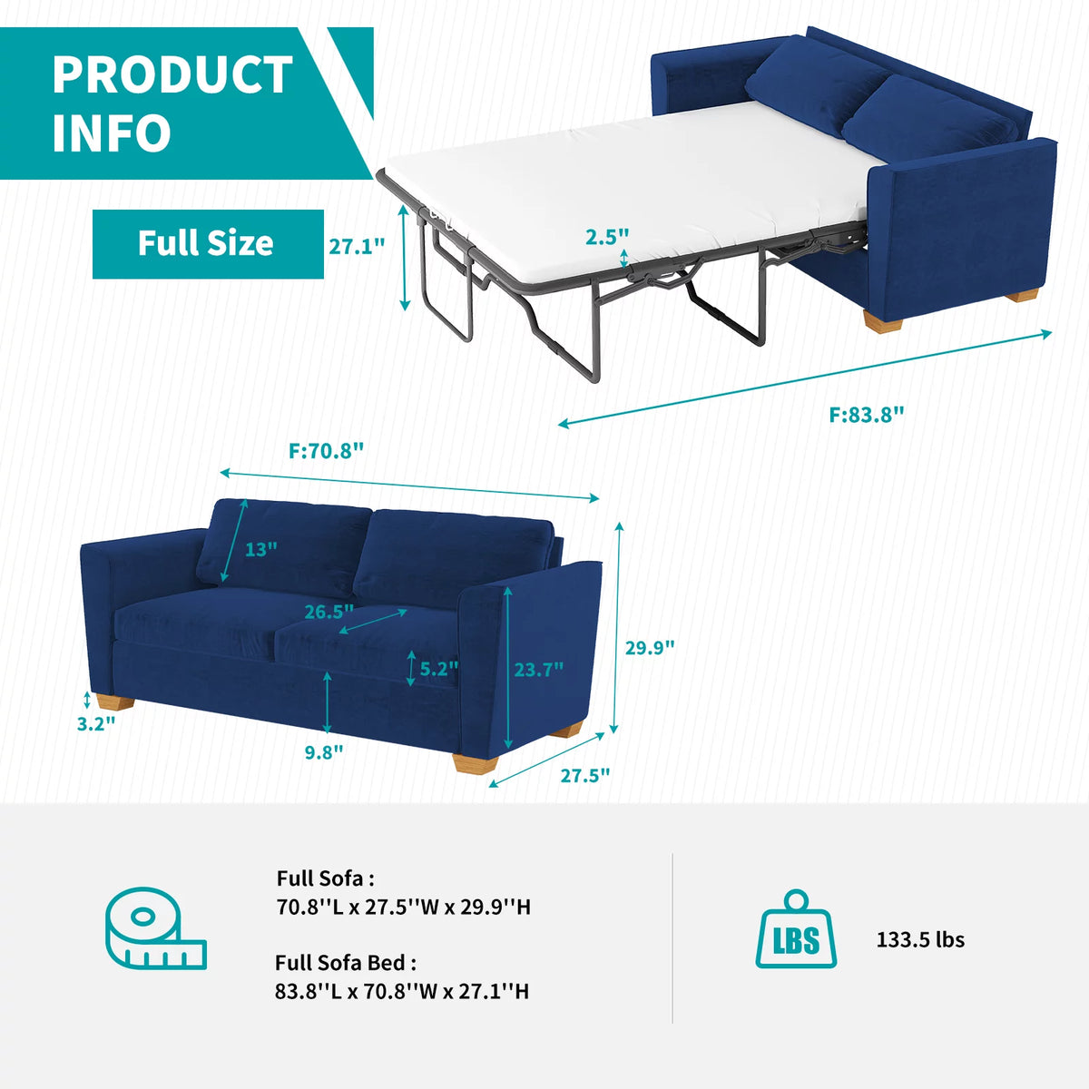 Blue Velvet Pull Out Sofa Bed with Foam Mattress P629