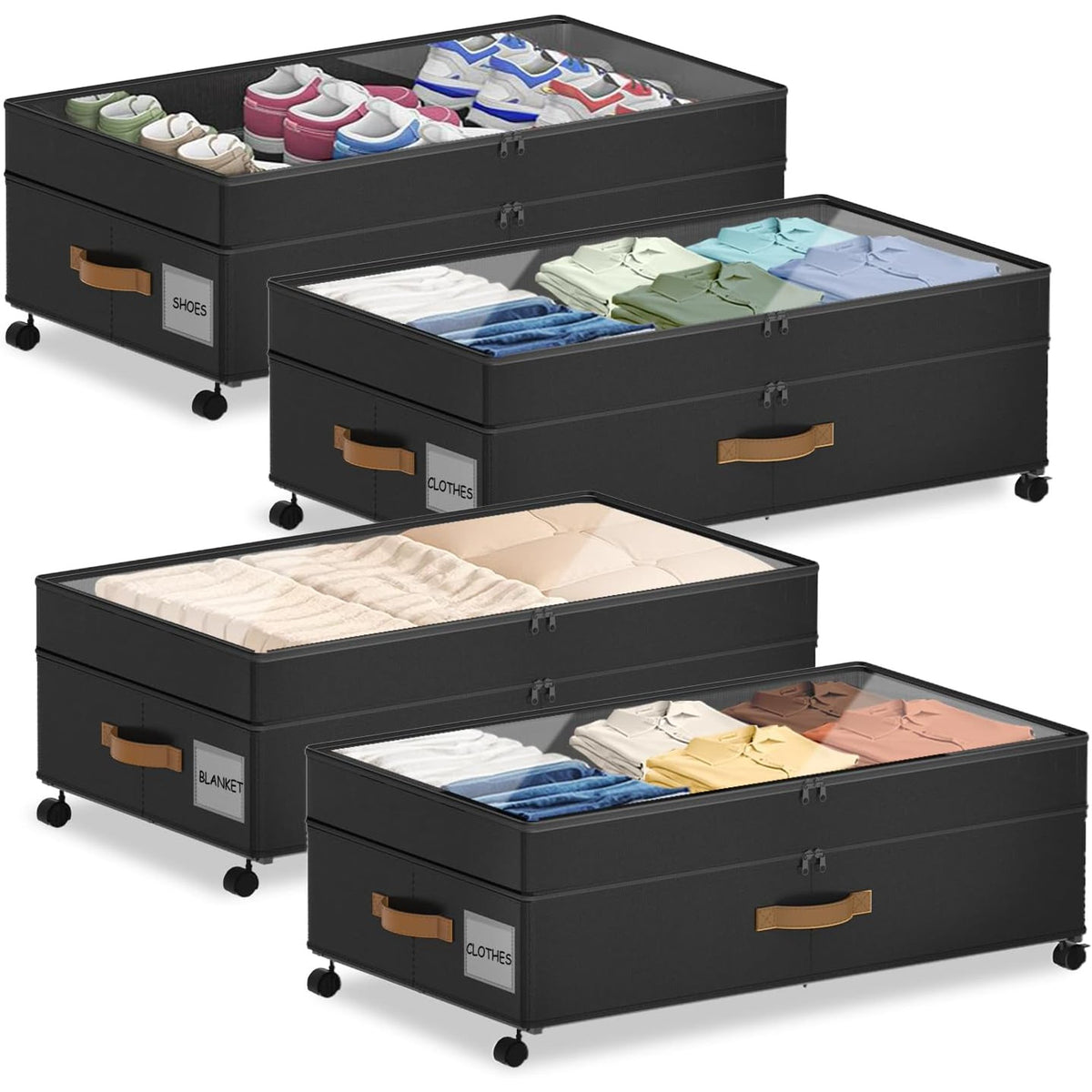 Black 4 Pack Under Bed Storage with Wheels and Lids Z936396