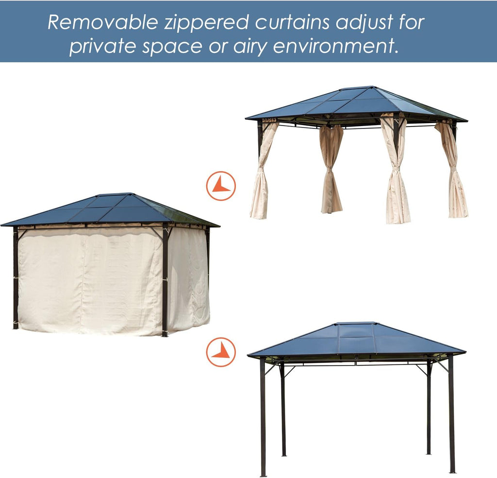 10x12 Hardtop Gazebo with Metal Frame, Polycarbonate Canopy with Curtains X850872