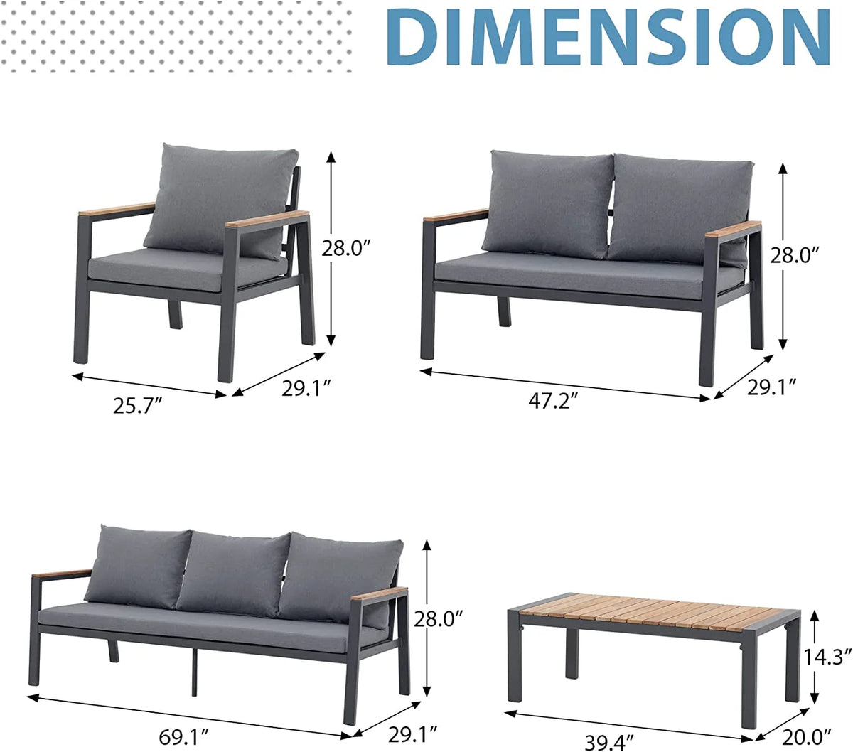 5 Pieces Aluminum Patio Furniture Set with Coffee Table and Cushions I884