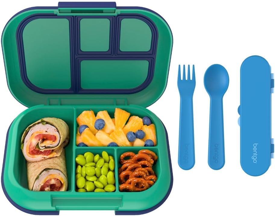 Kids Chill Lunch Box (Green/Navy) With Reusable Plastic Utensils (Blue) A71089