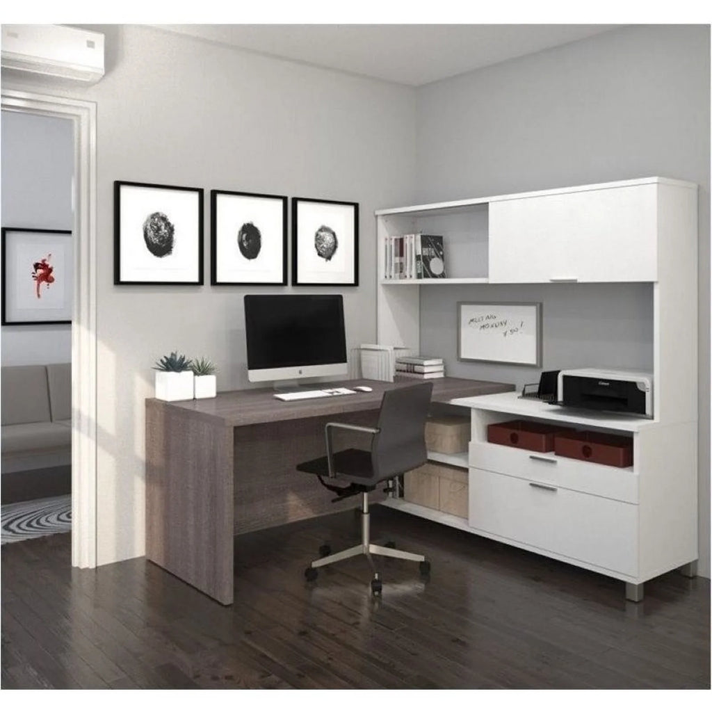 L-Desk with Hutch in White and Bark Gray X878