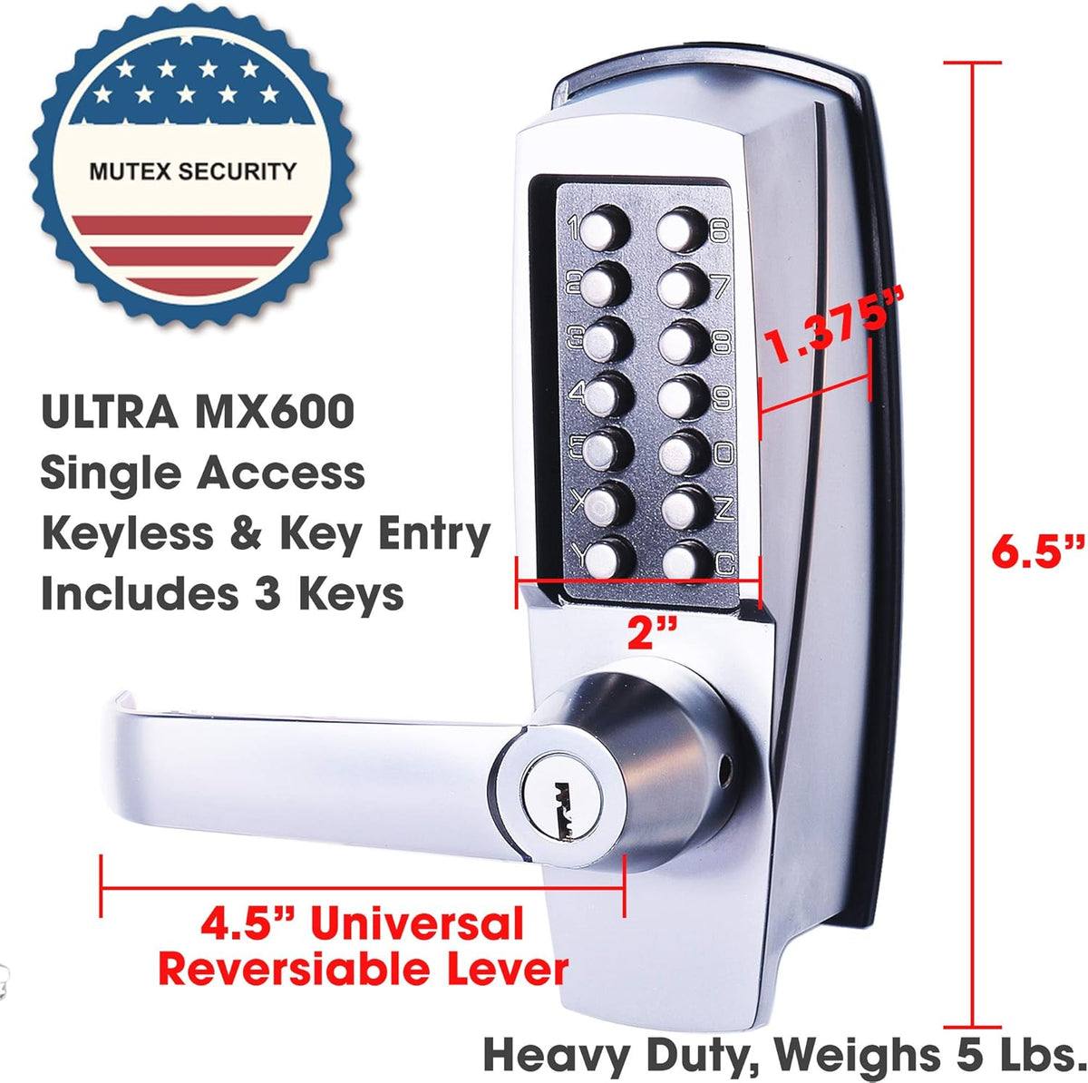 Satin Chrome Keyless Lever Lock with Keypad, Pack of 2 W501370
