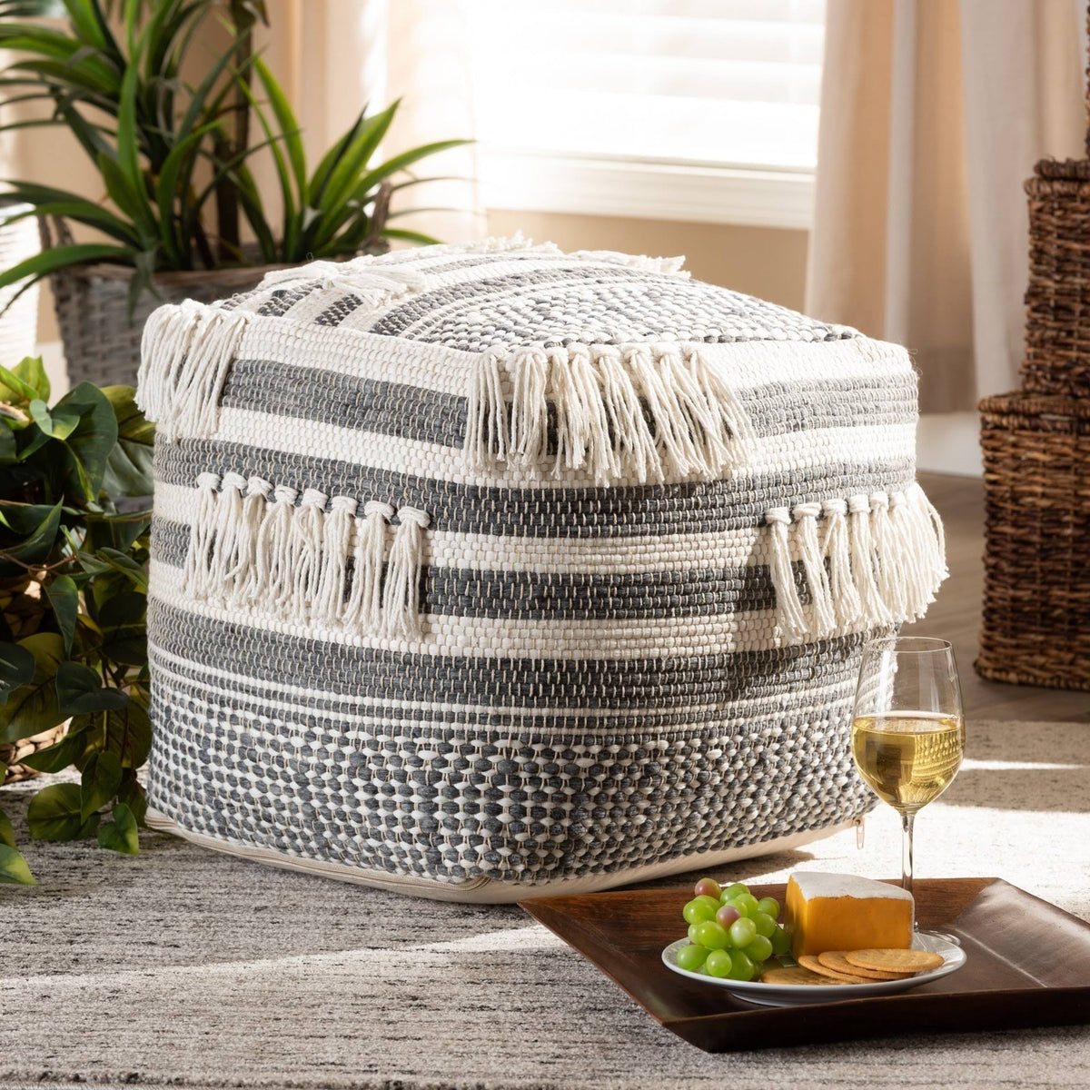 Grey and Ivory Handwoven Pouf Ottoman E552