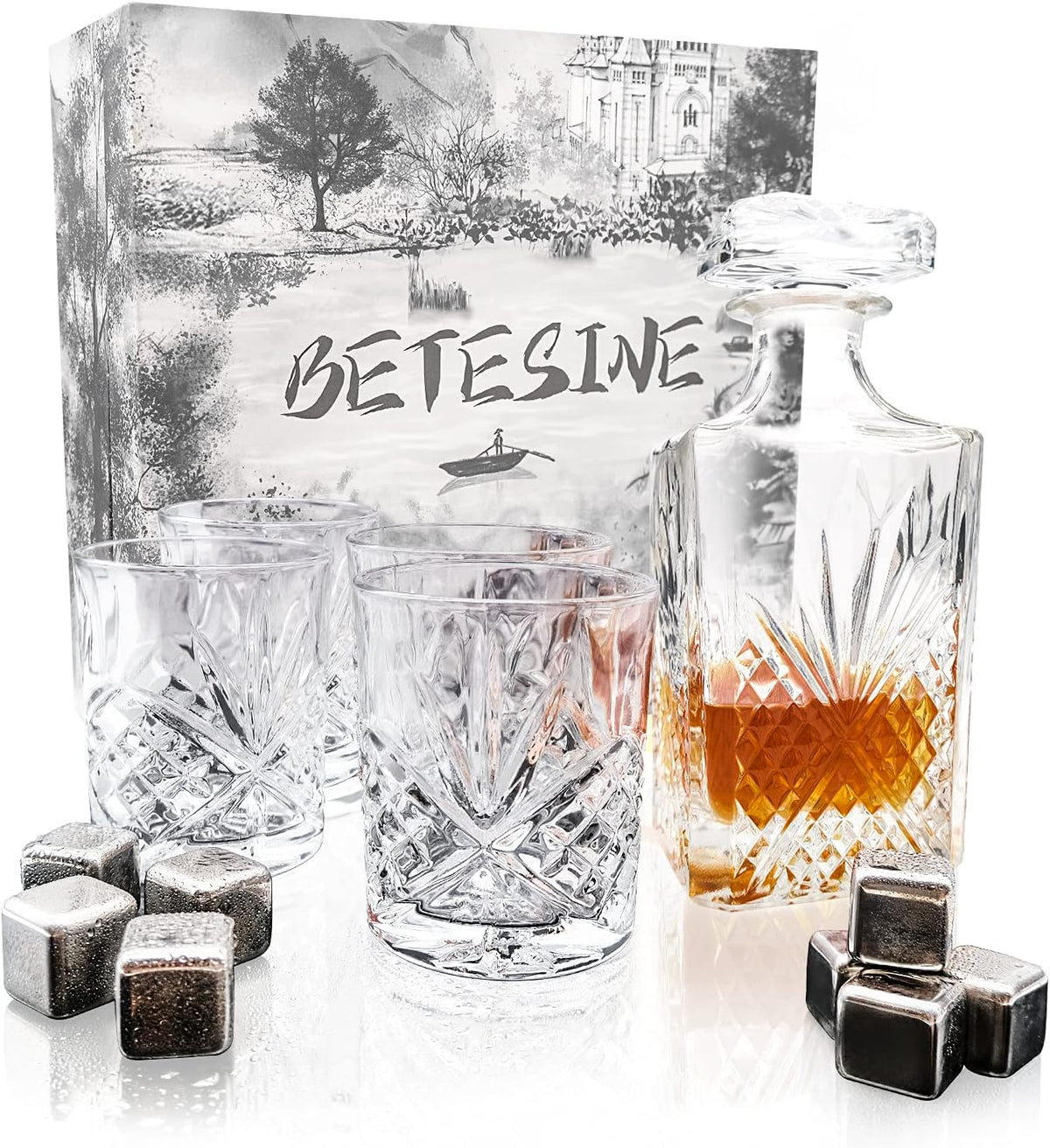 Crystal Whiskey Decanter Set with 4 Glasses and Chilling Whiskey Stones Z5284