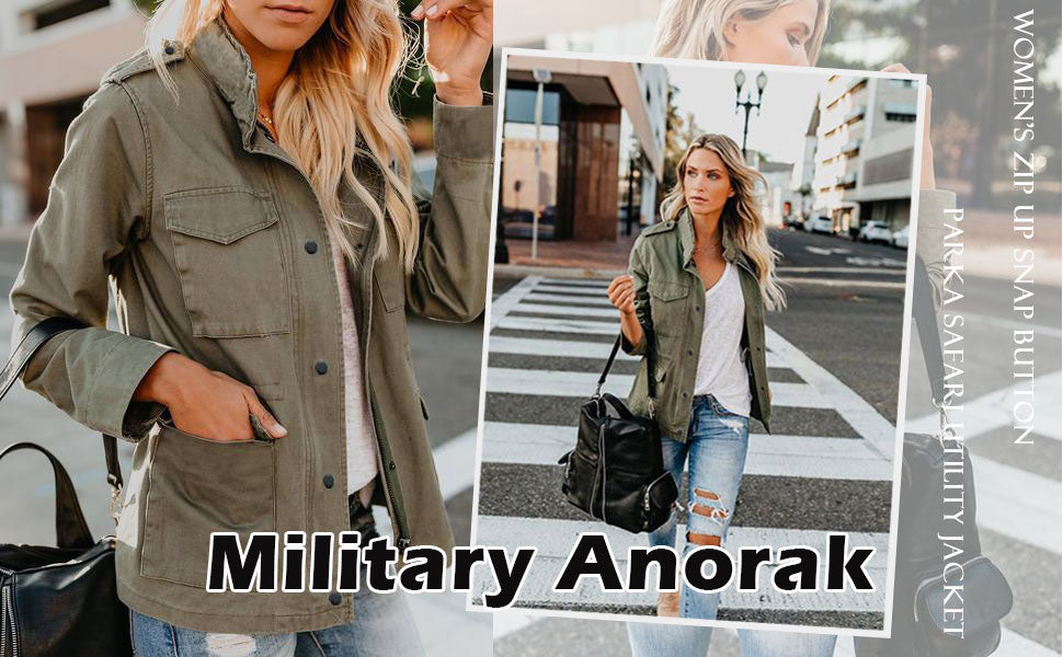 Women Military Utility Anorak Coat Zip Up Lightweight Jacket with Pockets Z56291