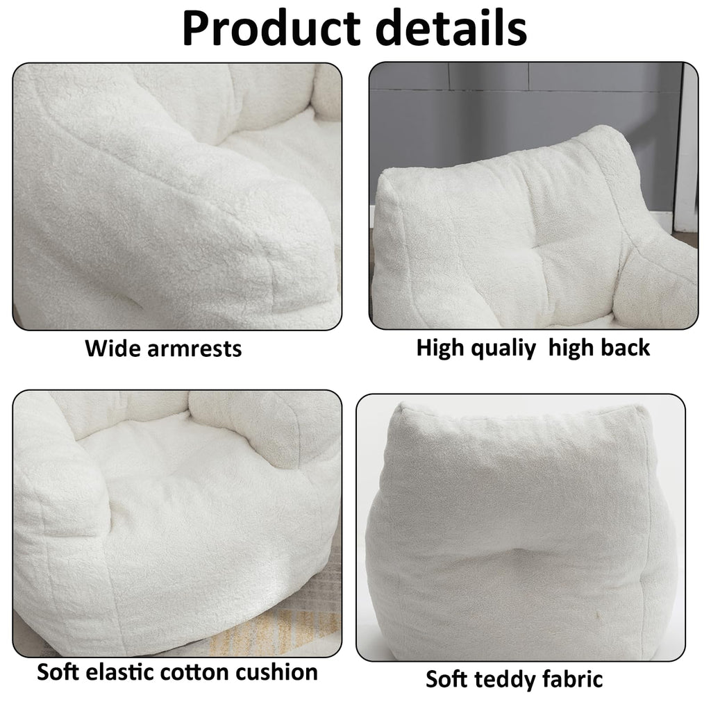 White Tufted Teddy Fabric Bean Bag Sofa with Armrest N38055
