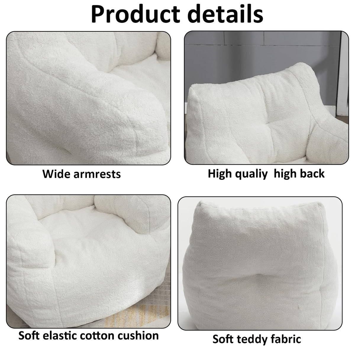 White Tufted Teddy Fabric Bean Bag Sofa with Armrest N38055