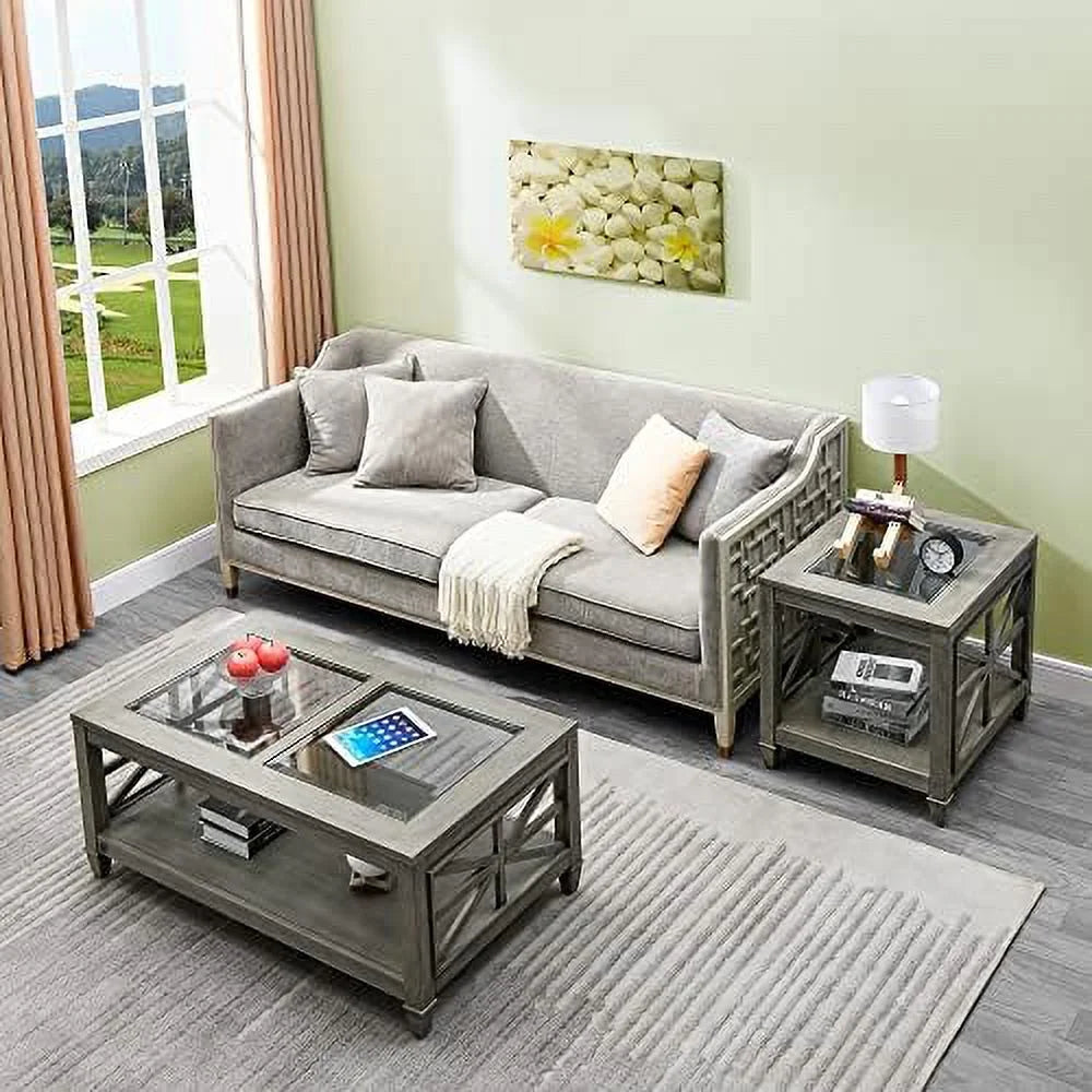 Solid Wood Coffee Table with Glass Top I87817