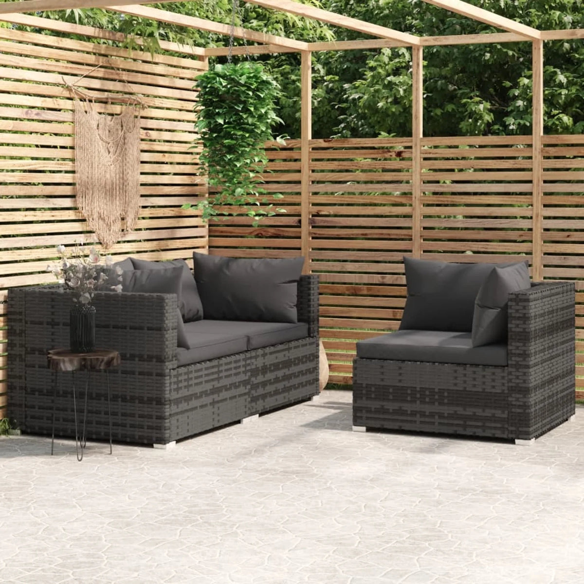 3 Piece Patio Lounge Set Gray Poly Rattan Sectional Outdoor Furniture Set O5379