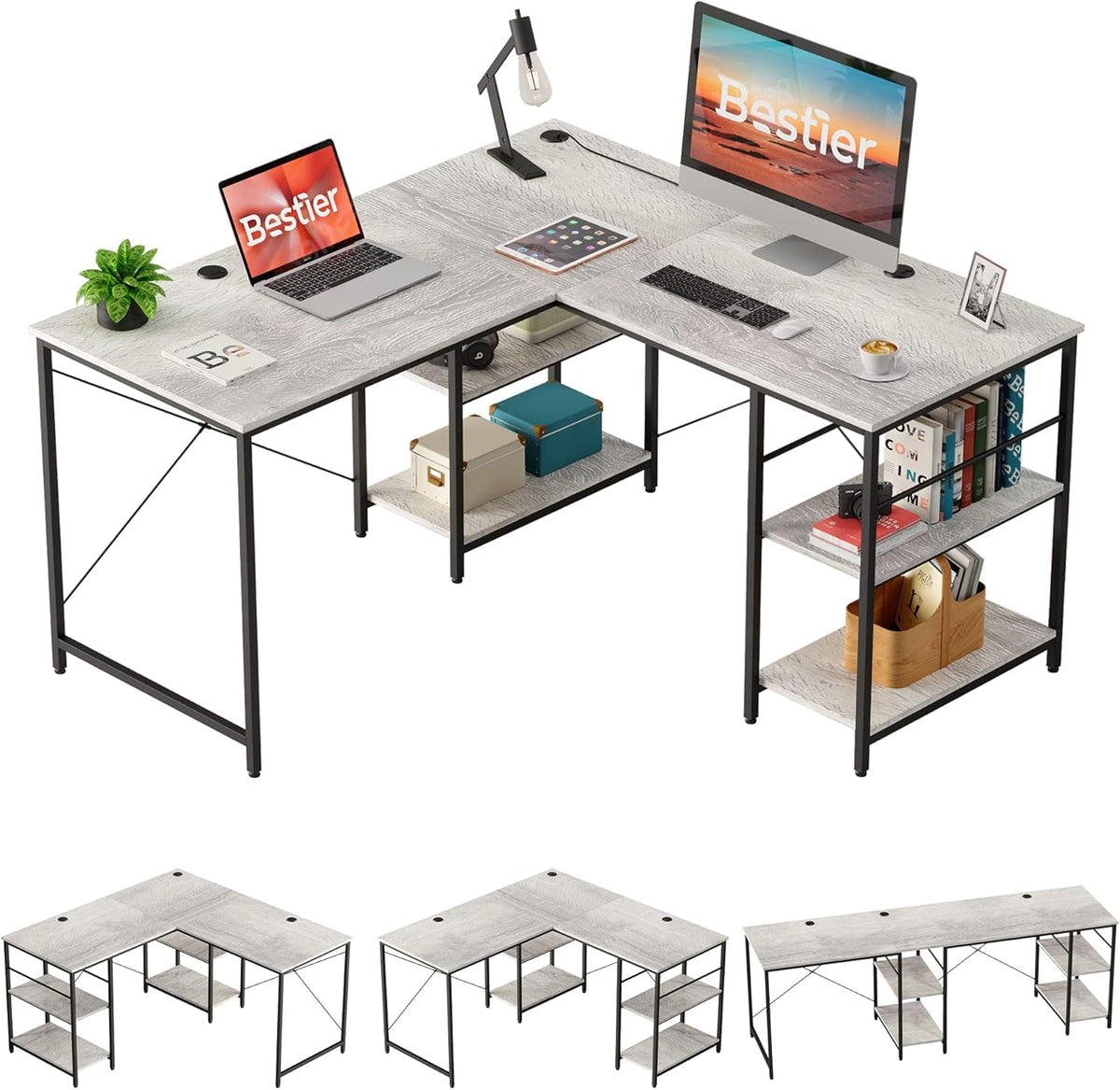 L Shaped Gaming Desk with Shelves 95.2 Inch Reversible Corner Computer Desk B560953