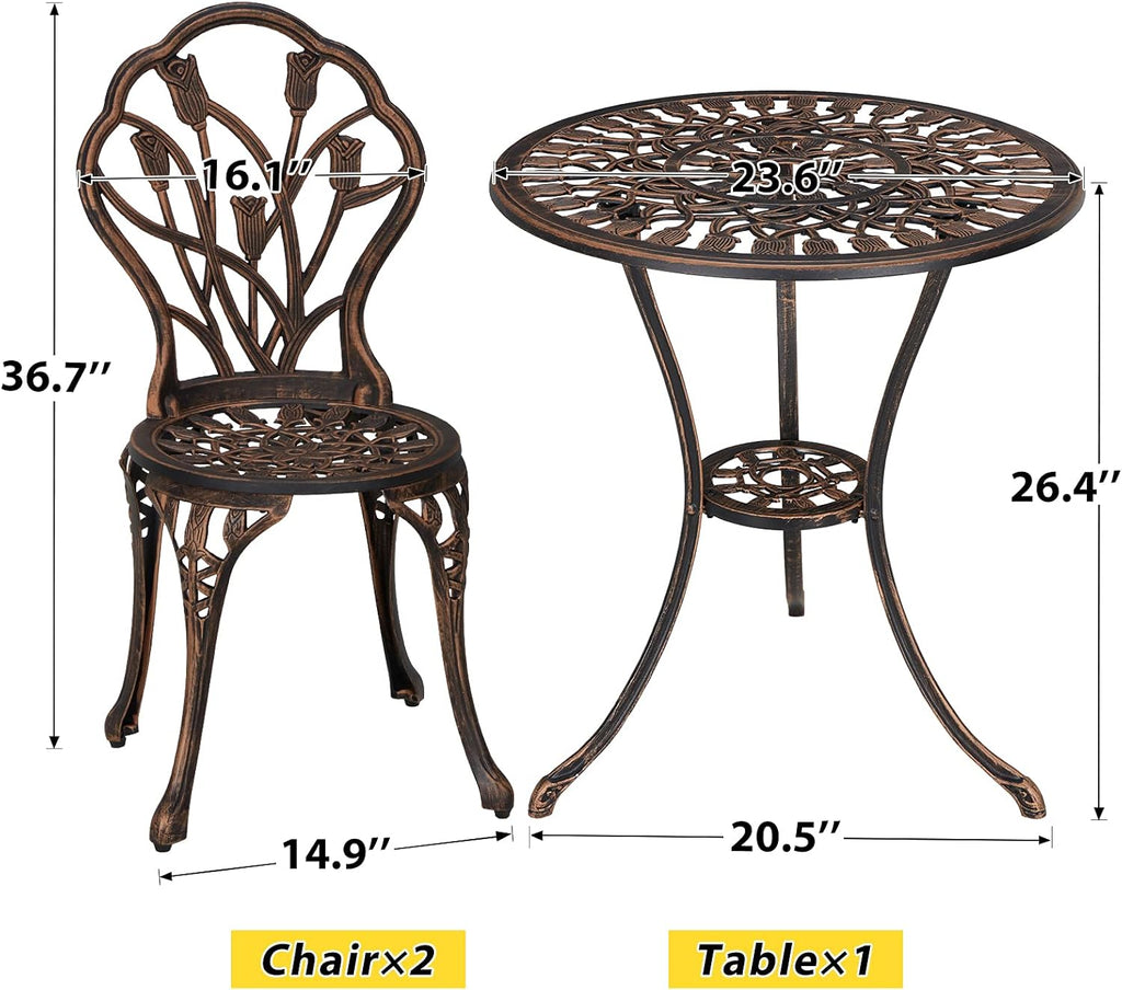 3 Piece Cast Aluminum Bistro Table Set with Umbrella Hole S268