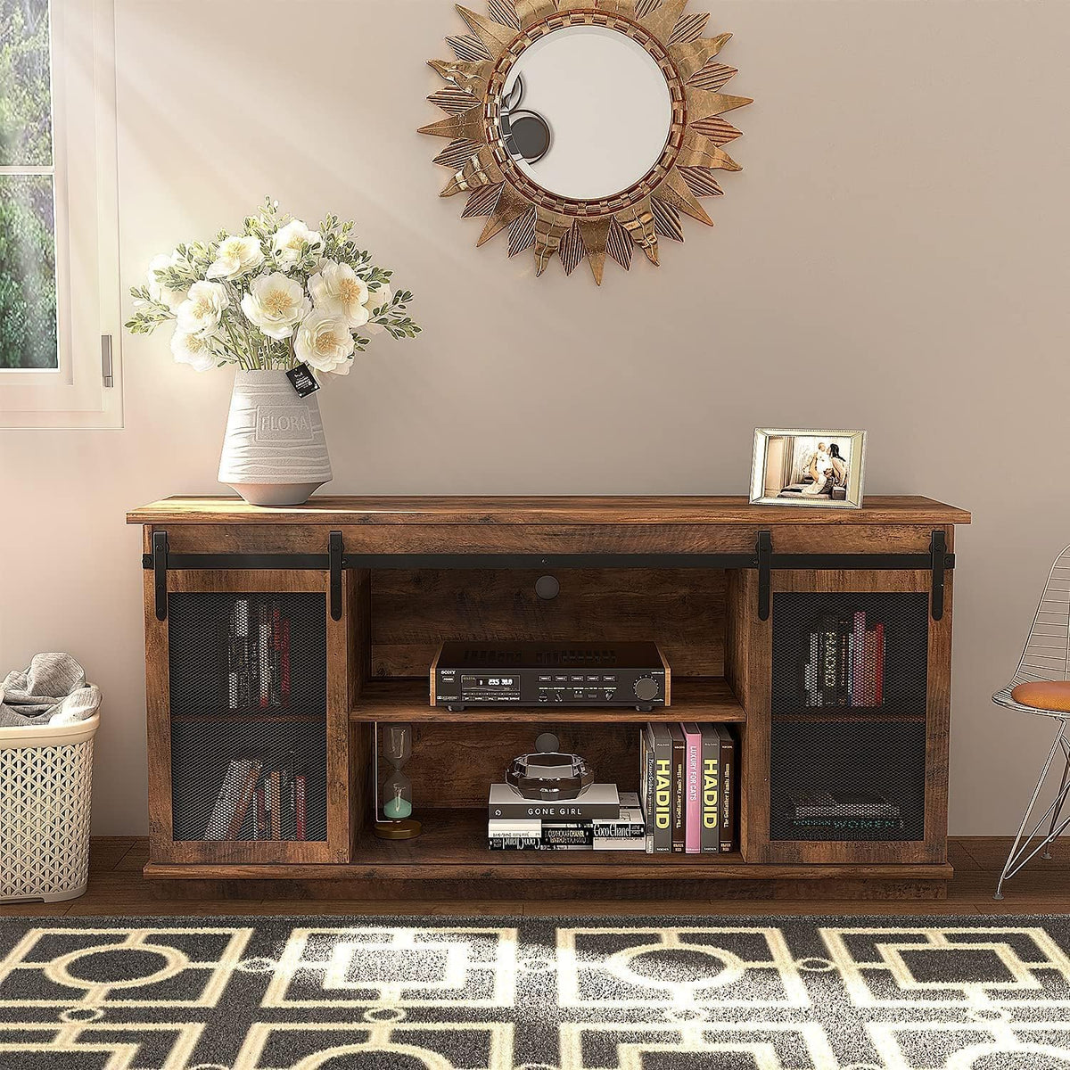 Farmhouse TV Stand with Sliding Barn Doors and Storage Cabinets (Brown) X53015