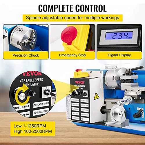7"x14" 550W Variable Speed Metal Lathe with 3-jaw Chuck Digital Display G18757