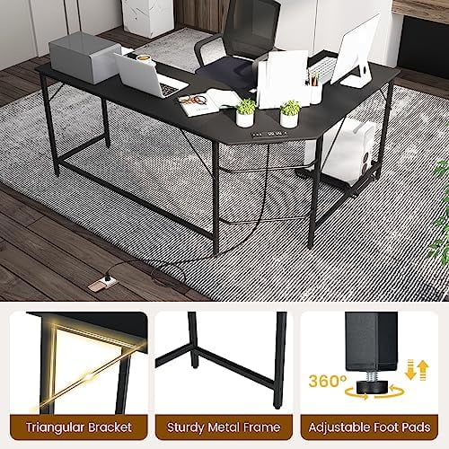 L-Shaped Office Desk with Power Outlets USB Ports Metal Frame E998993