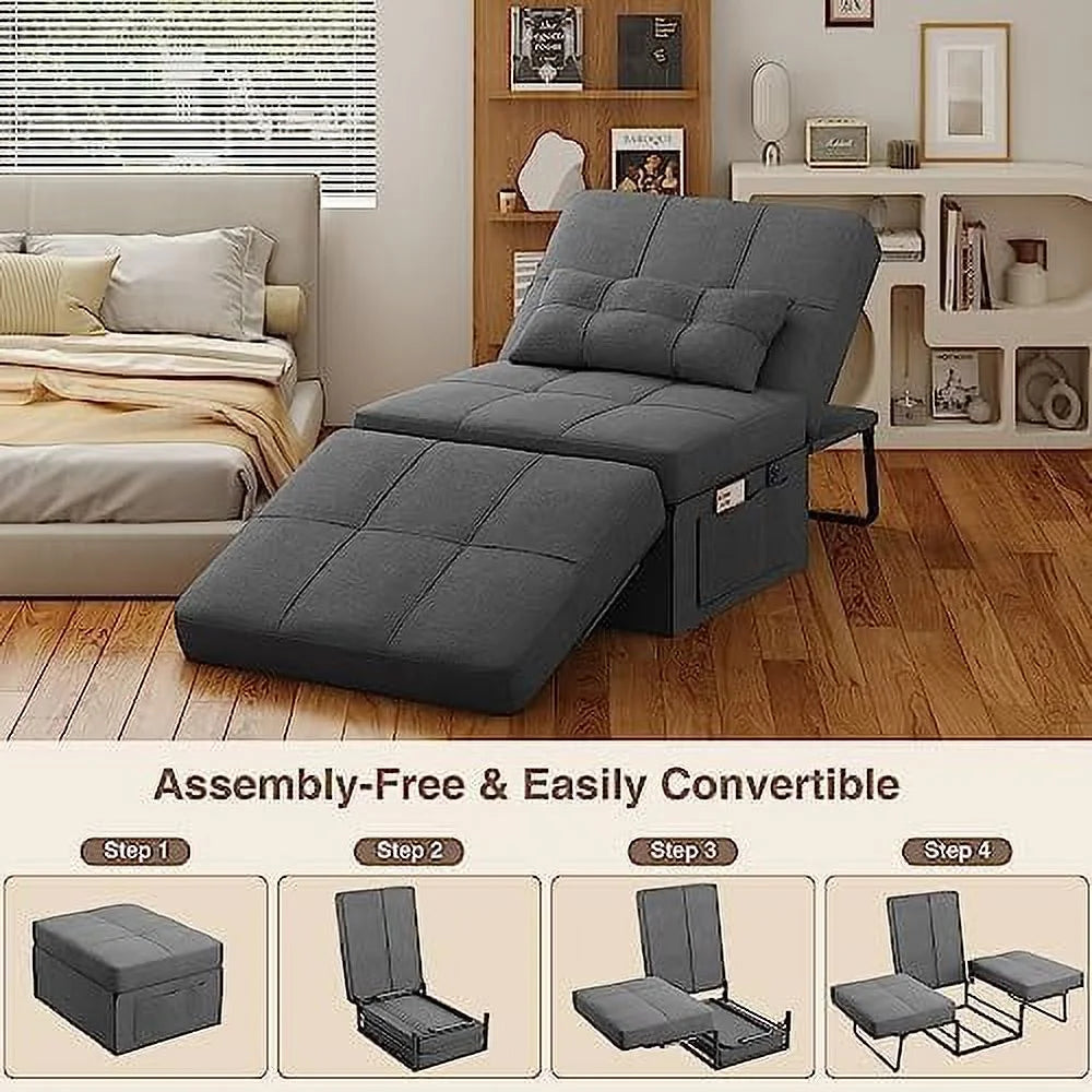 4 in 1 Convertible Chair Sofa Bed with Adjustable Backrest Linen Fabric Dark Grey C350