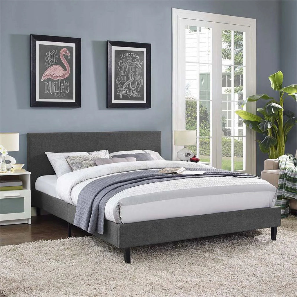 Light Gray Queen Upholstered Platform Bed with Wood Slat Support X83575