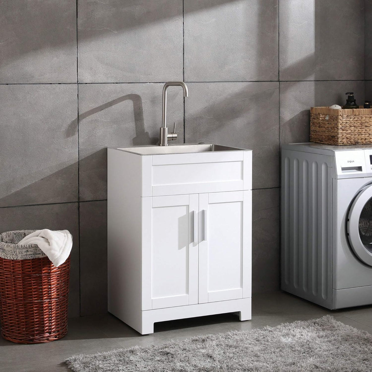 White Laundry Utility Cabinet with Stainless Steel Sink and Faucet J8795