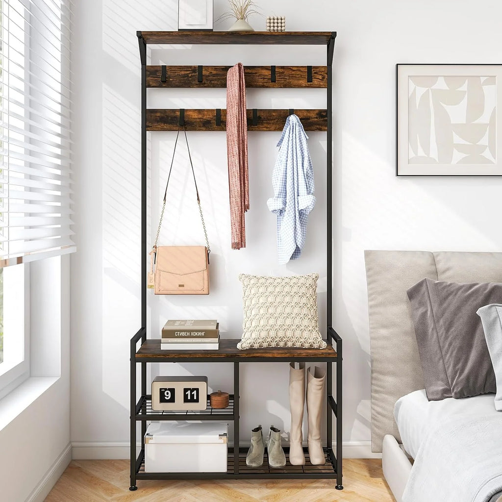Coat Rack Shoe Bench 3-Tier with 9 Hanging Hooks X23396
