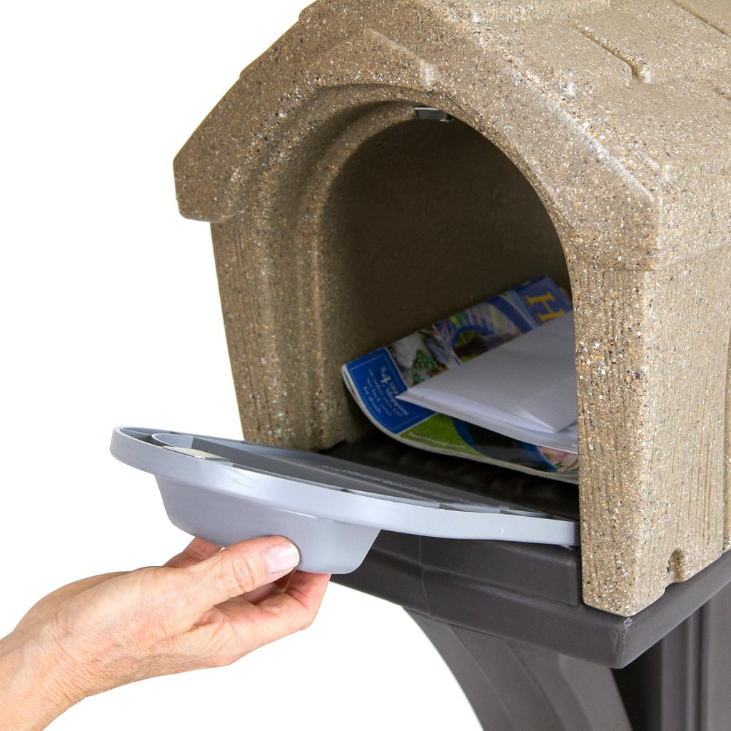 Sandstone Plastic Cabin Mailbox with Post Mount Combo Kit L466040