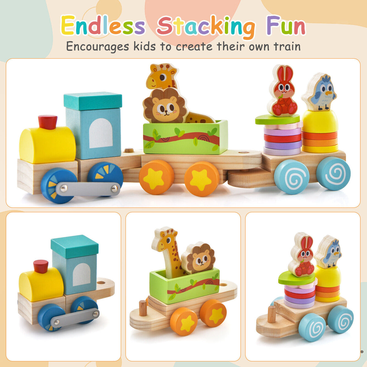 Wooden Stackable Train Set with Animal Toys & Locomotive F123543