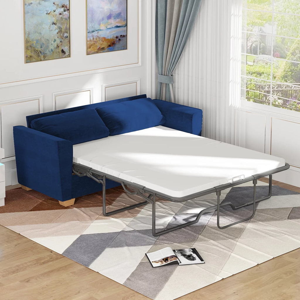 Blue Velvet Pull Out Sofa Bed with Foam Mattress P629